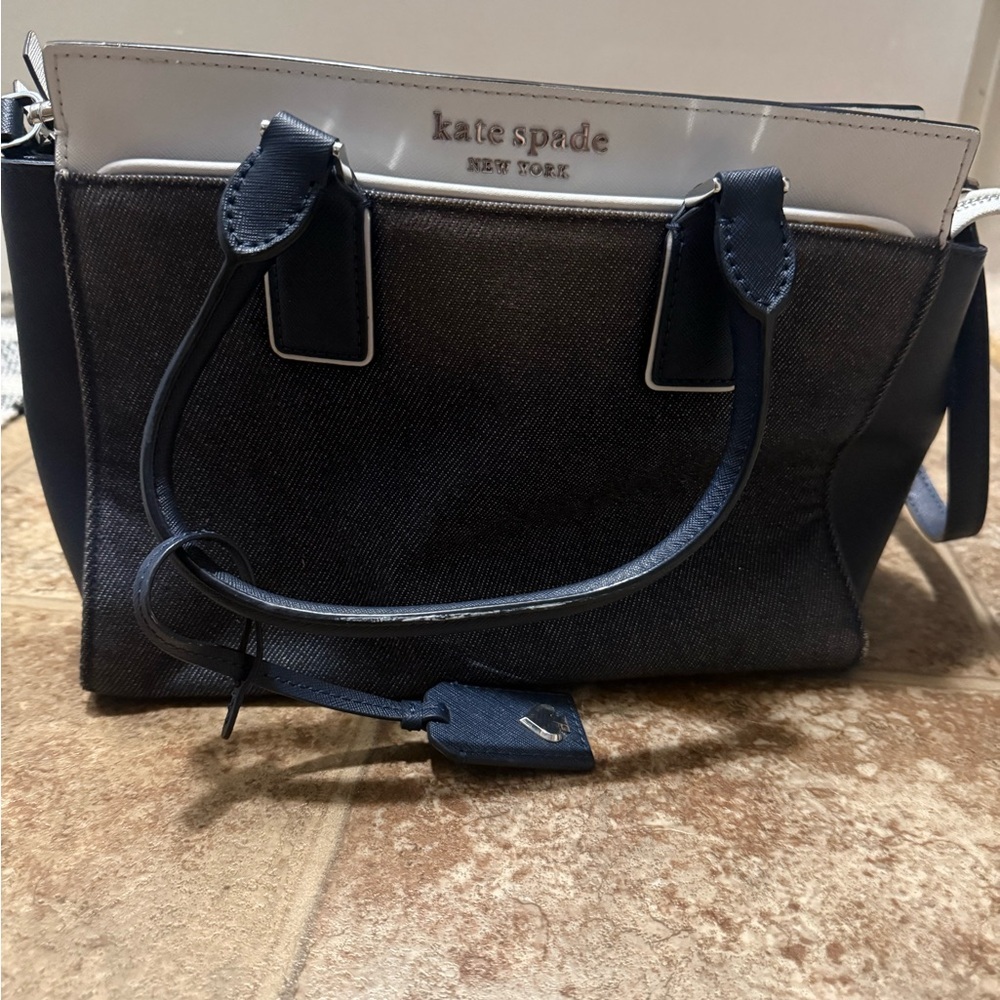 kate spade Cameron color block medium satchel in denim fabric and white leather